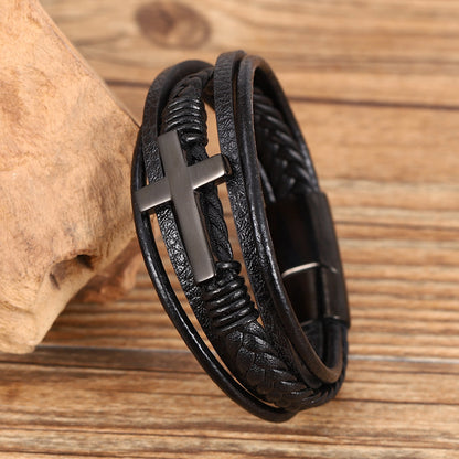 Multi-layer Braided Stainless Steel Cross Men's Bracelet