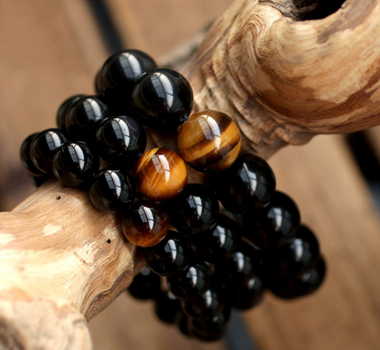 Natural Black Onyx With Stone Tiger Eyes Energy Bracelet