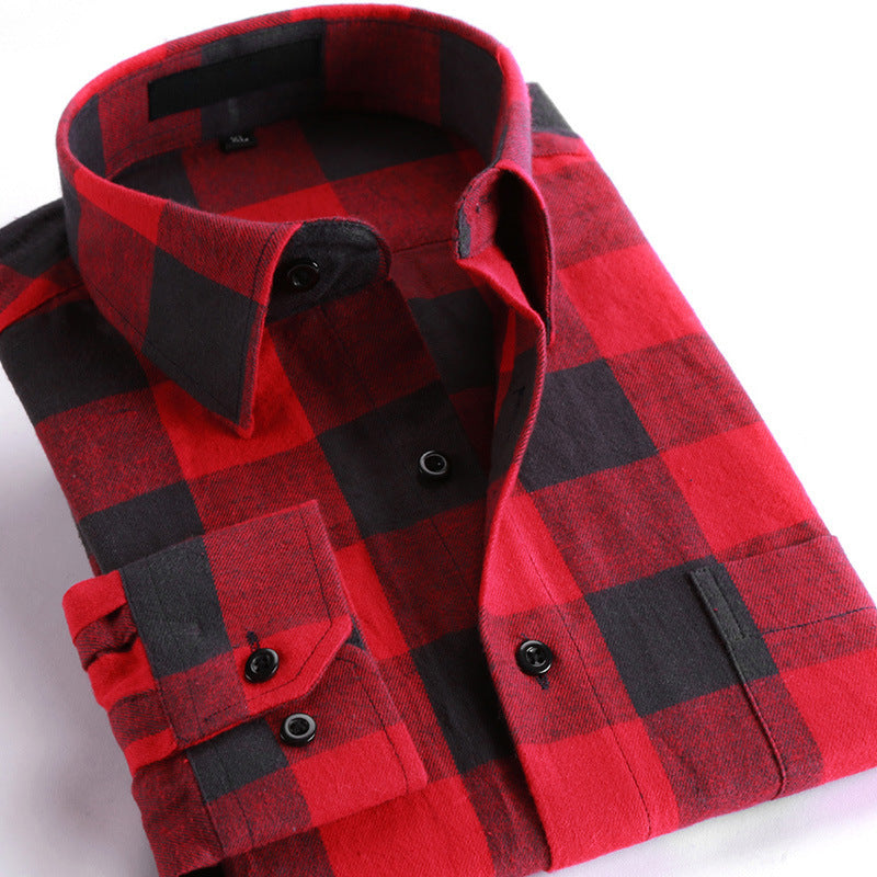 Cotton brushed plaid long-sleeved shirt