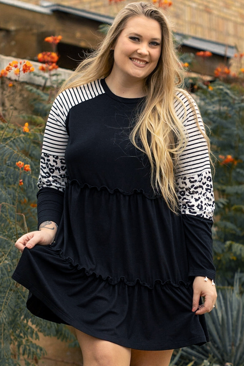 Black Plus Size Striped & Leopard Patch Sleeve Ruffle Tiered Dress