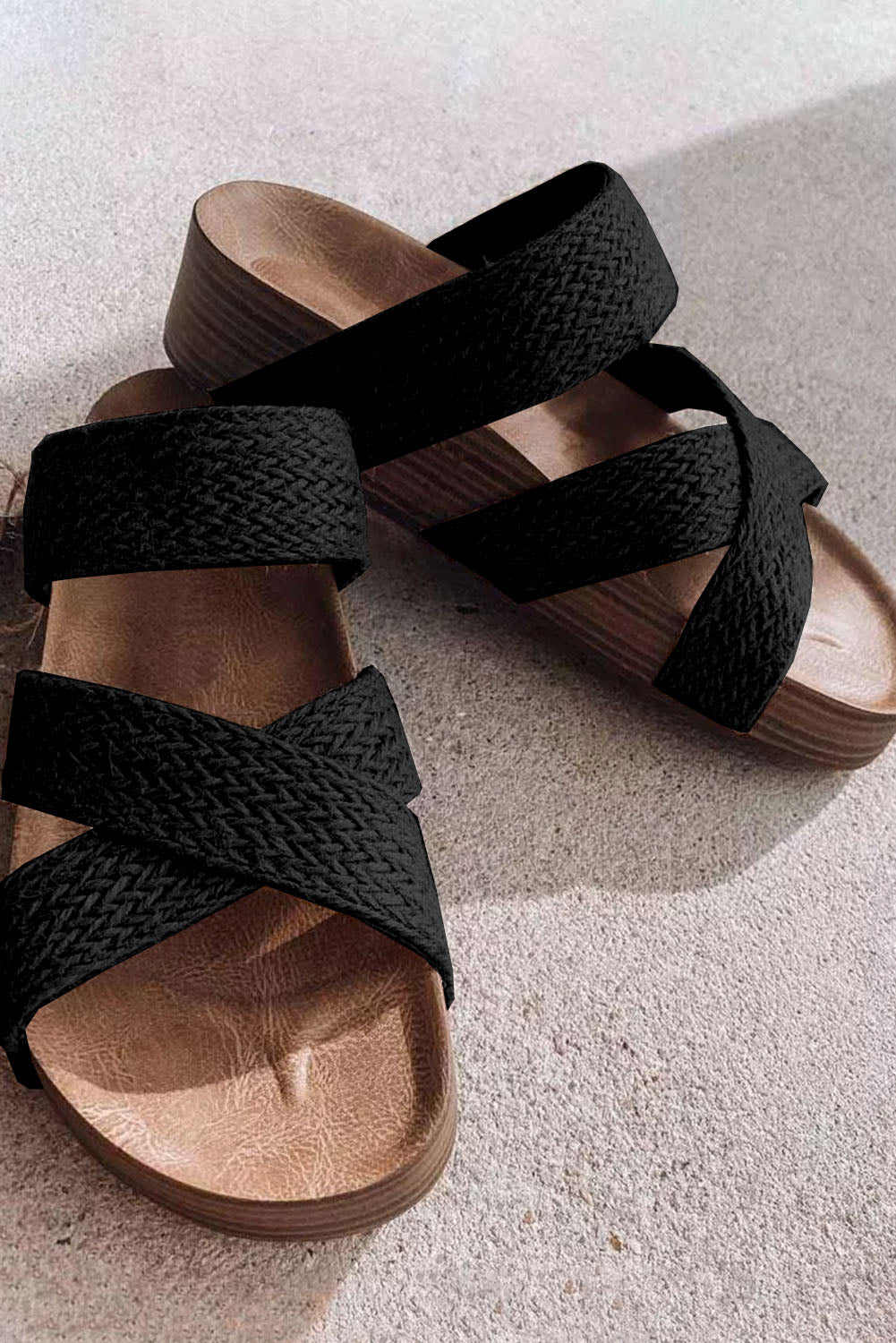 Black Woven Criss Cross Strap Platform Slip-on Sandals