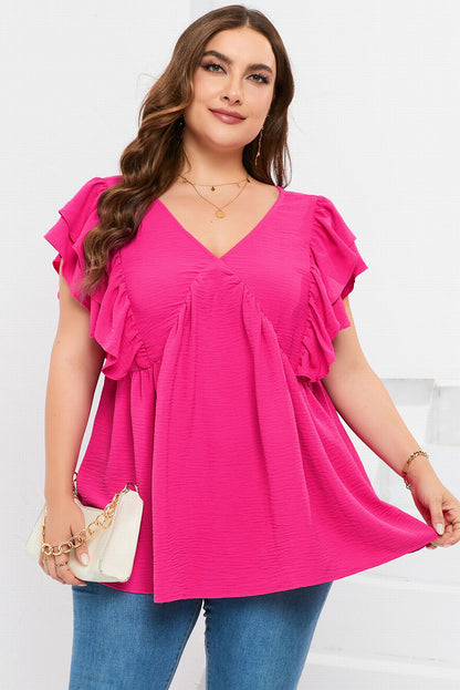 Pink Plus Size Ruffle V Neck Tie Back Tunic Top