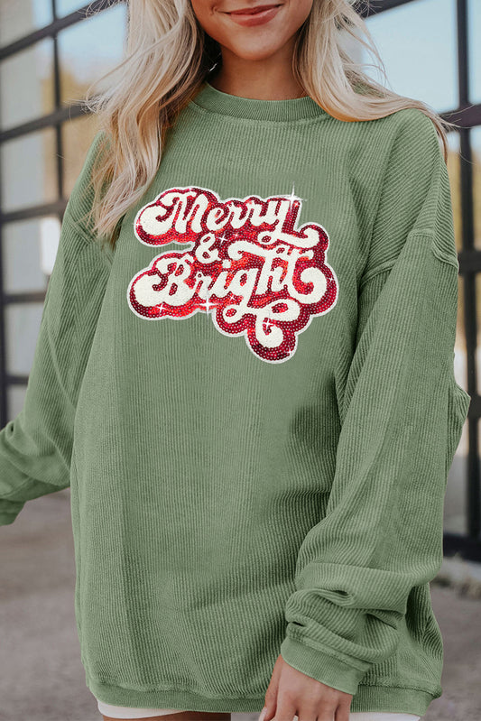 Grass Green Merry & Bright Sequin Ribbed Graphic Sweatshirt