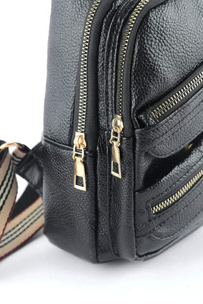 Black Faux Leather Zipped Sling Bag