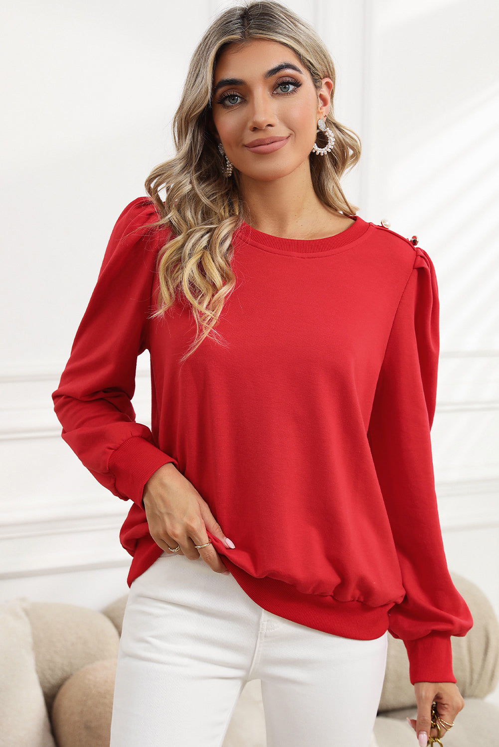 Red Button Tab Detail Round Neck Long Sleeve Top