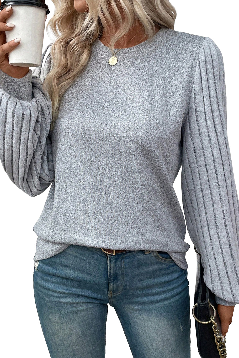 Gray Solid Color Contrast Ribbed Bishop Sleeve Top