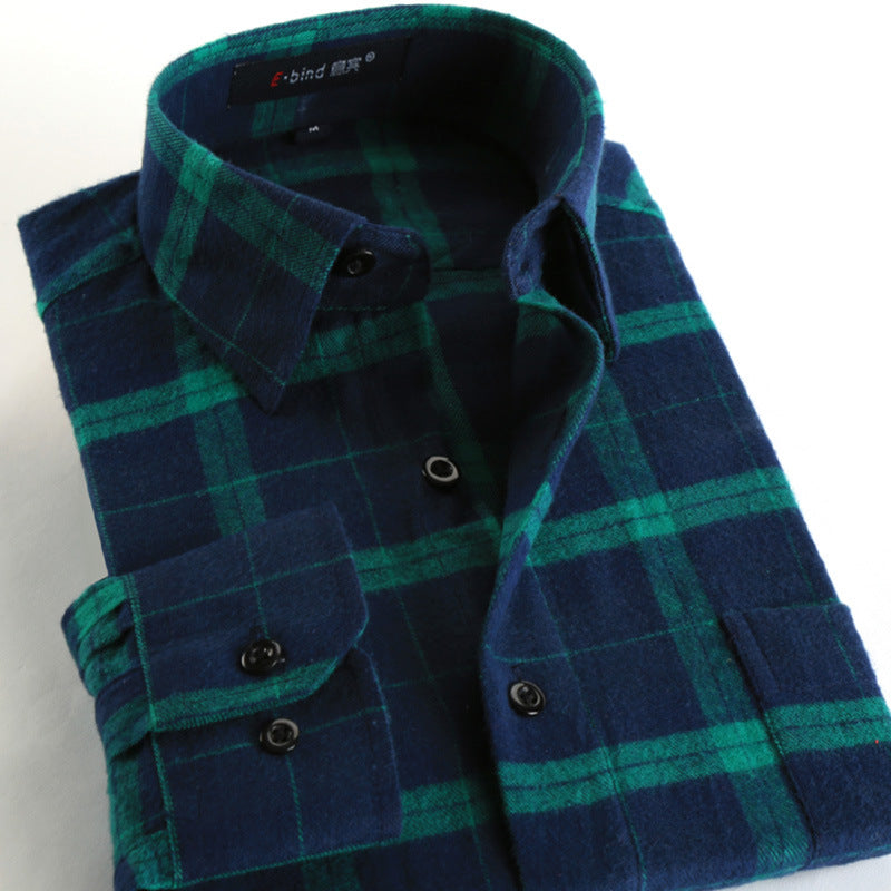 Cotton brushed plaid long-sleeved shirt