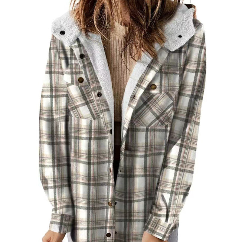 Casual Plaid Hooded Woolen Coat Thickened Fleece-lined Warm Jacket