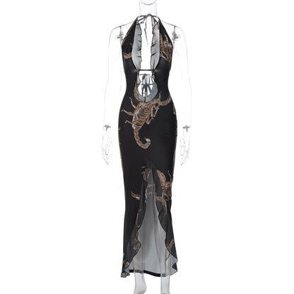 Women's Fashion Printed Halter Strap Long Dress