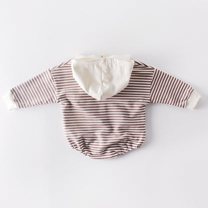 Ins Autumn Baby Striped Baby Clothes Hooded One-piece Hatching Climbing Suit Thickened