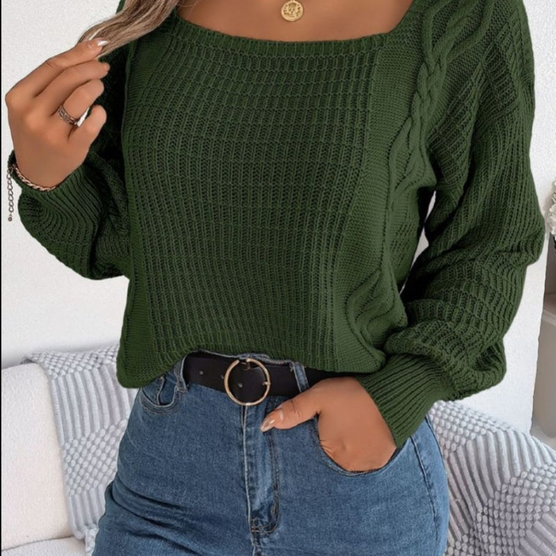 Fashion Women's Wear Square Collar Cable-knit Sweater Women's Pullover Acrylic Top