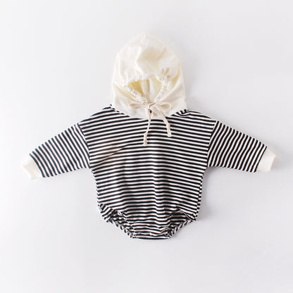 Ins Autumn Baby Striped Baby Clothes Hooded One-piece Hatching Climbing Suit Thickened