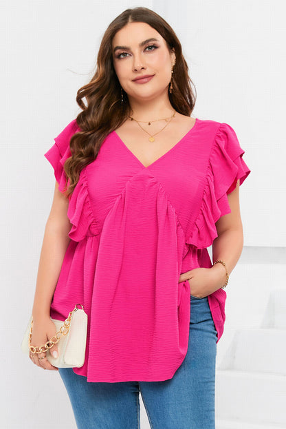 Pink Plus Size Ruffle V Neck Tie Back Tunic Top