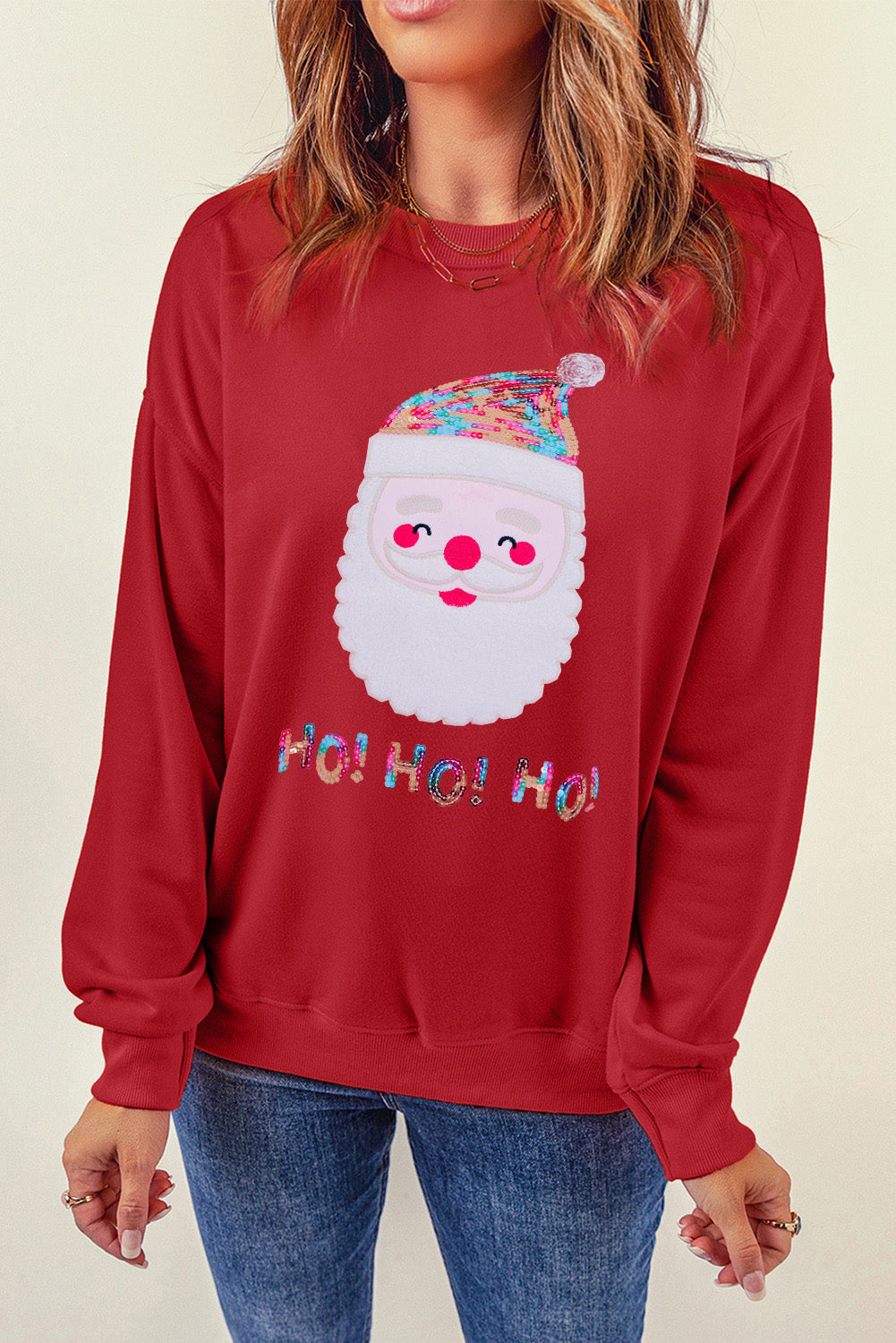 Pink HO HO HO Sequined Santa Claus Graphic Sweatshirt