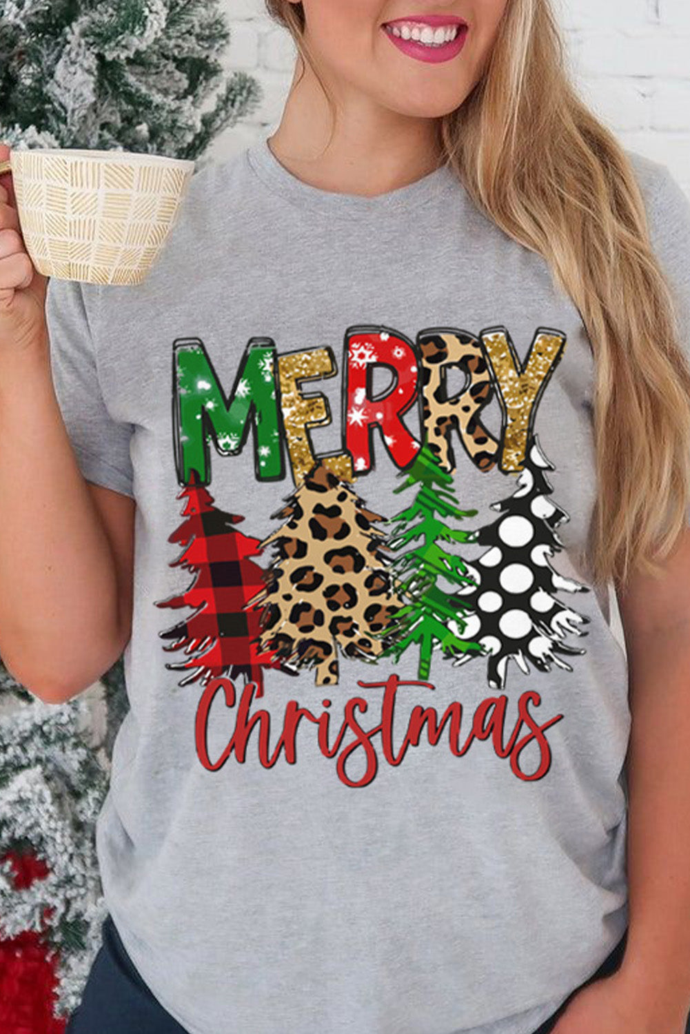 Gray Merry Christmas Tree Print Crew Neck Graphic Tee