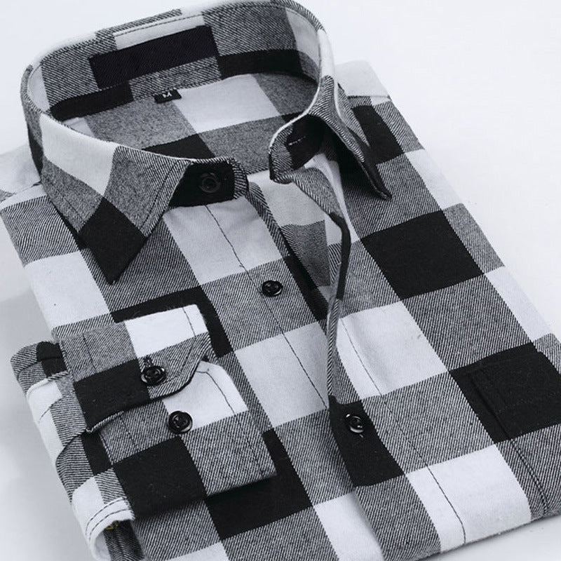 Cotton brushed plaid long-sleeved shirt