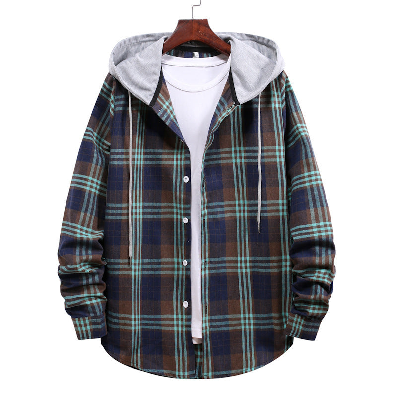 Men's Hooded Plaid Shirt Jacket Gray Plaid Long-sleeved Shirt