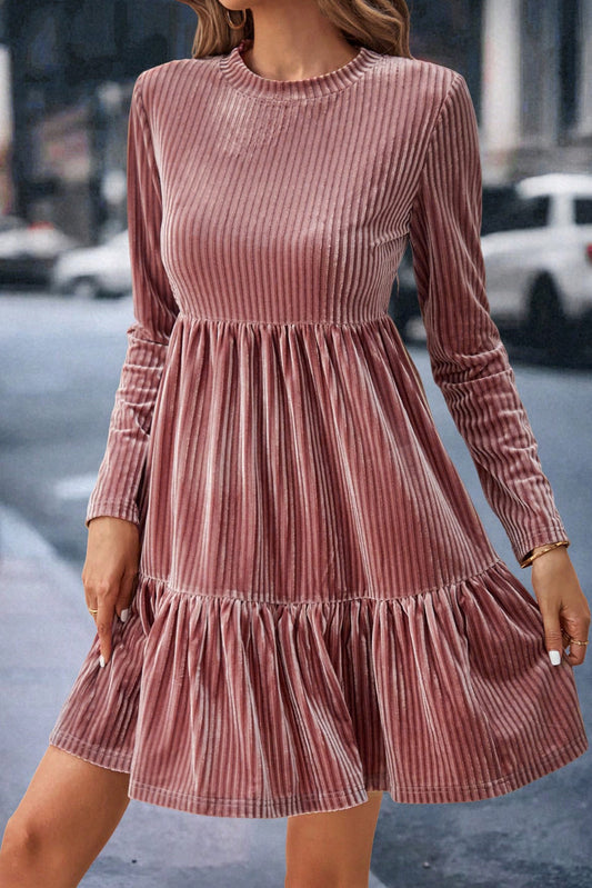 Apricot Pink Ribbed Tiered Velvet Mini Dress