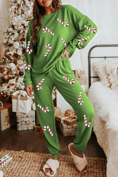 Spinach Green Christmas Candy Cane Graphic Lounge Set