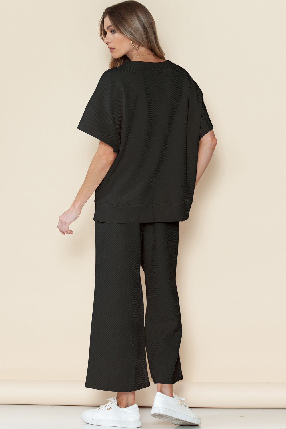 Black Textured Loose Fit T Shirt and Drawstring Pants Set