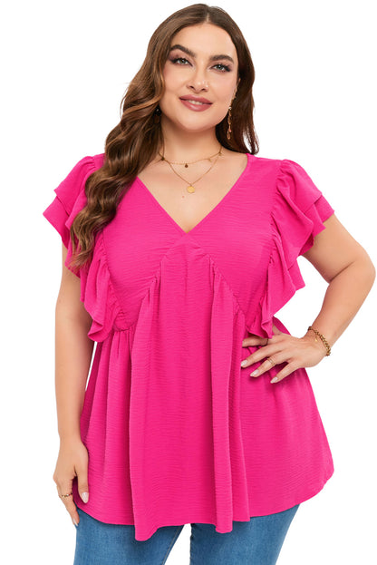 Pink Plus Size Ruffle V Neck Tie Back Tunic Top