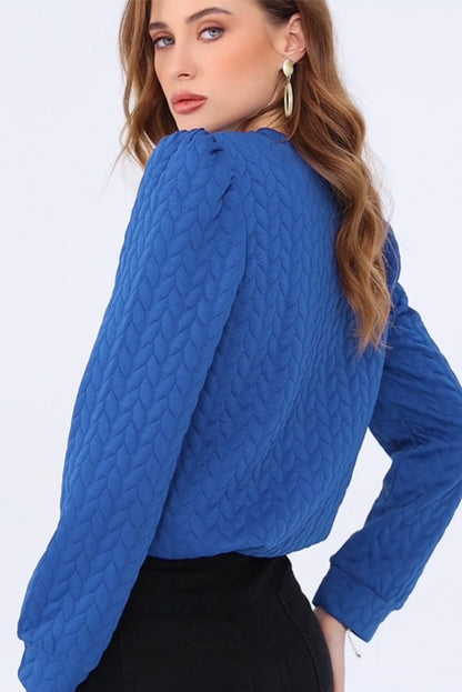 Dark Blue Cable Pattern Puff Sleeve Plus Size Top