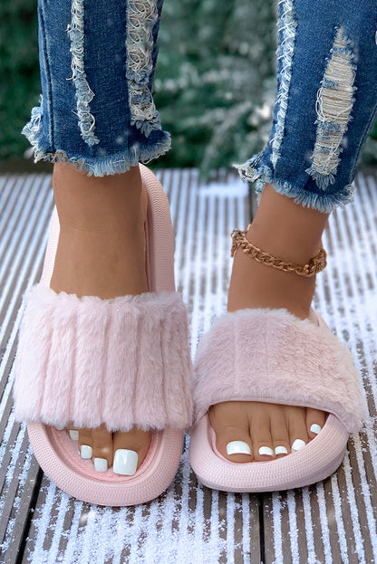 White Comfy Plush Band Open Toe Slippers