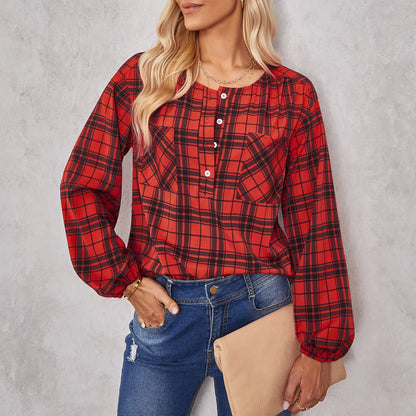 Women's Fashion Plaid Round Neck Shirt