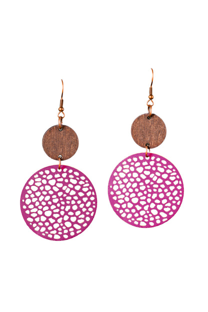 Beige Hollow Out Wooden Round Drop Earrings