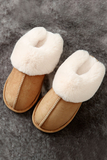 Camel Suede Plush Patchwork Thick Sole Slippers