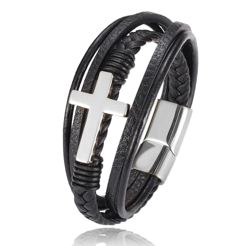 Multi-layer Braided Stainless Steel Cross Men's Bracelet