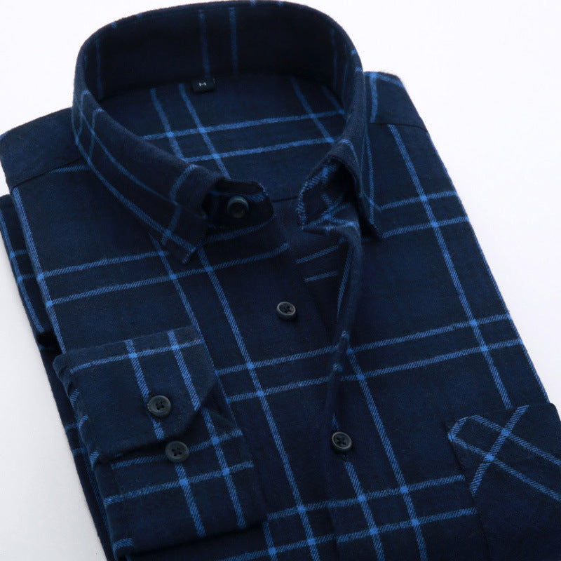 Cotton brushed plaid long-sleeved shirt