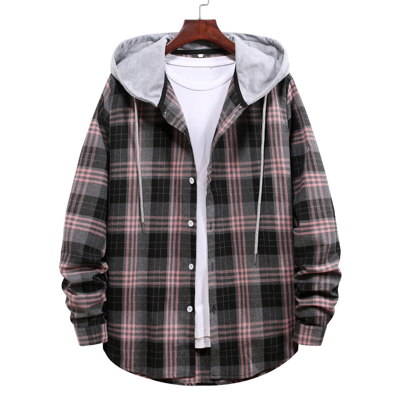 Men's Hooded Plaid Shirt Jacket Gray Plaid Long-sleeved Shirt