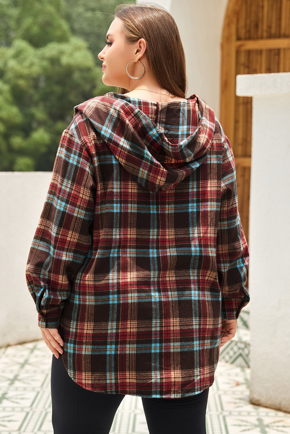 Red Plus Size Plaid Kangaroo Pocket Drawstring Hoodie