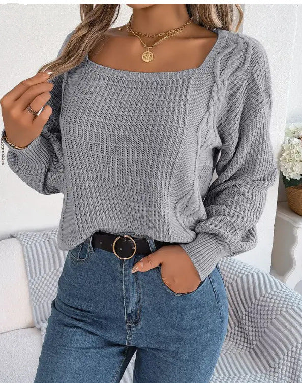 Fashion Women's Wear Square Collar Cable-knit Sweater Women's Pullover Acrylic Top