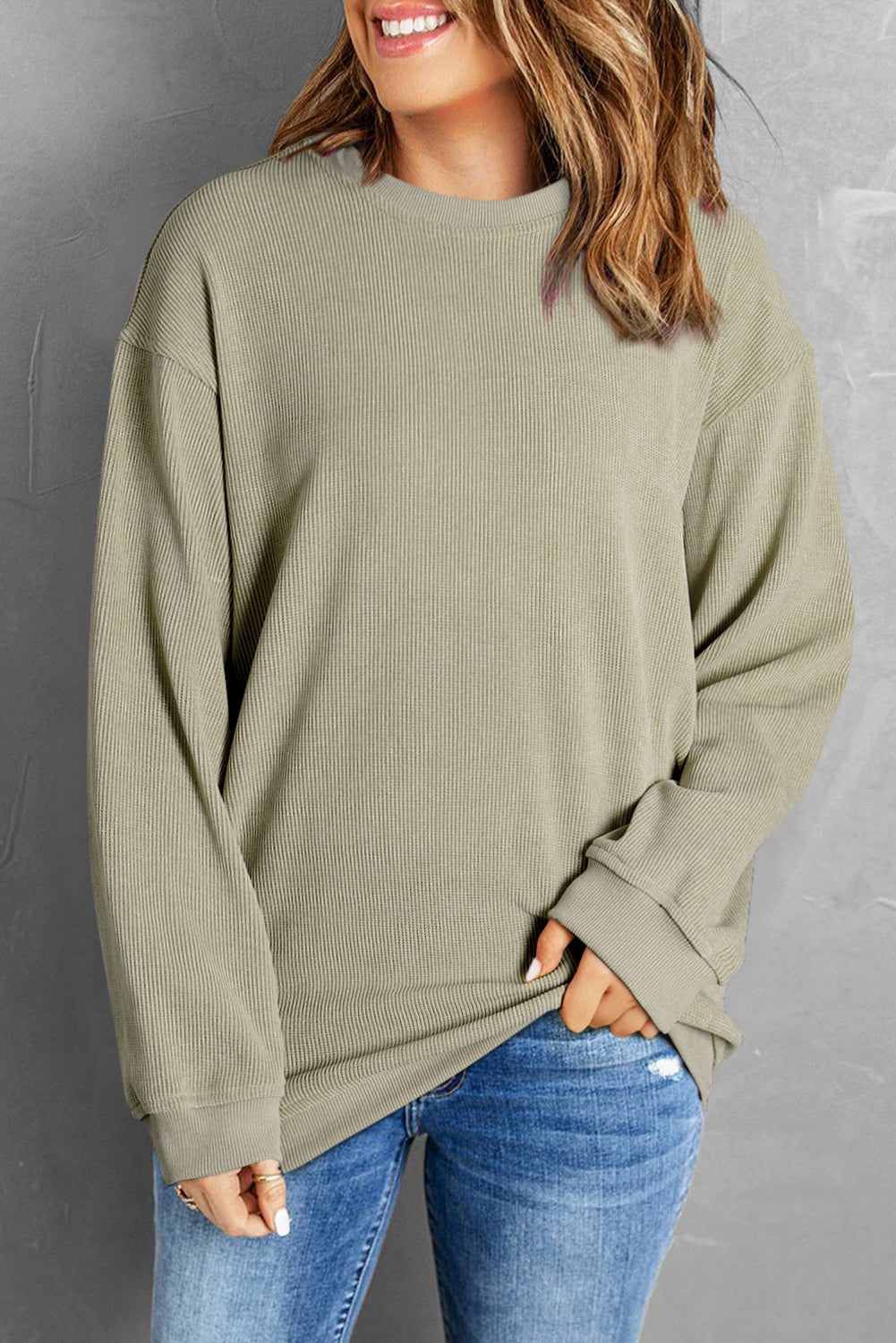 Green Ribbed Round Neck Drop Sleeve Pullover Sweatshirt