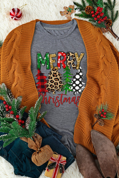 Gray Merry Christmas Tree Print Crew Neck Graphic Tee