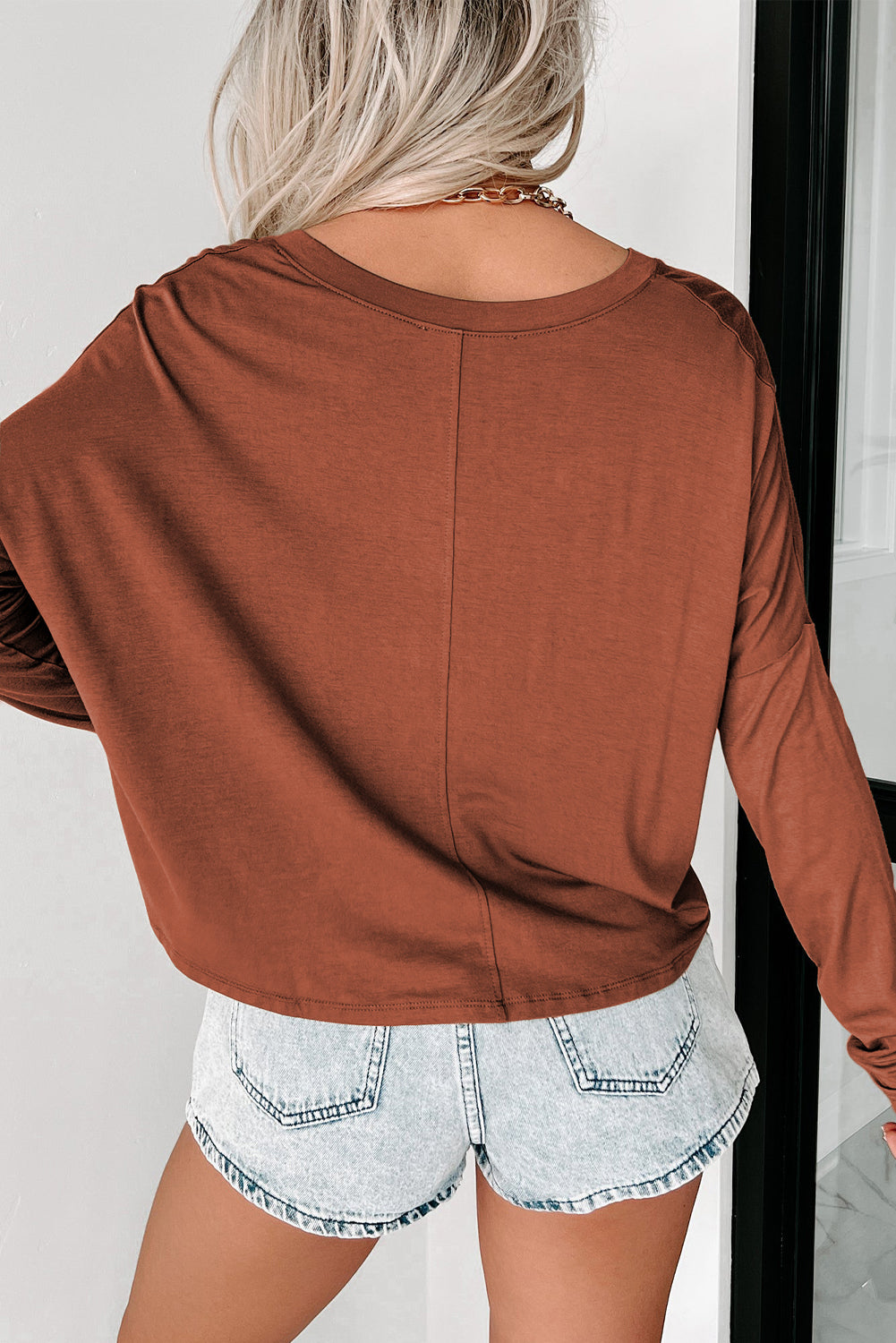 Green Plain Loose V Neck Dropped Long Sleeve Top