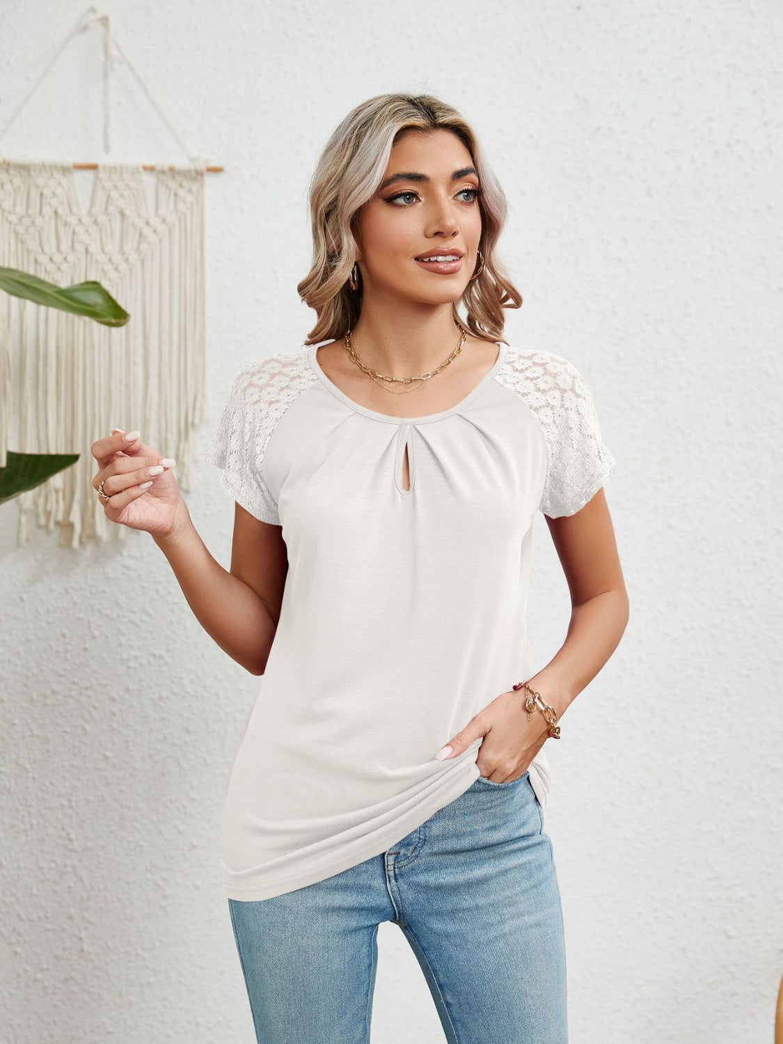 Lace Detail Round Neck Short Sleeve T-Shirt