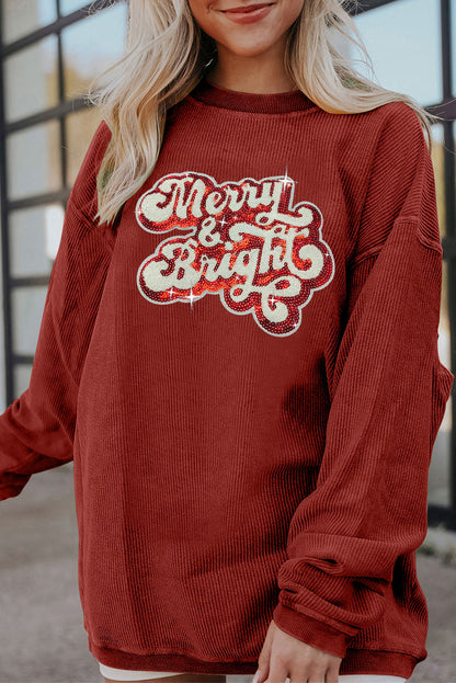 Grass Green Merry & Bright Sequin Ribbed Graphic Sweatshirt