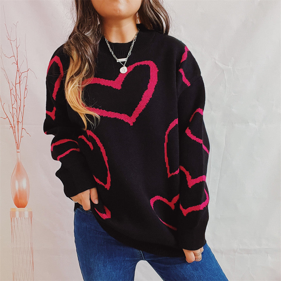 Love Pattern Sweater Round Neck Long Sleeve