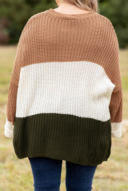 Khaki Color Block Tiered Knit Plus Size Sweater