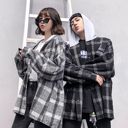 Couple plaid shirt hooded jacket