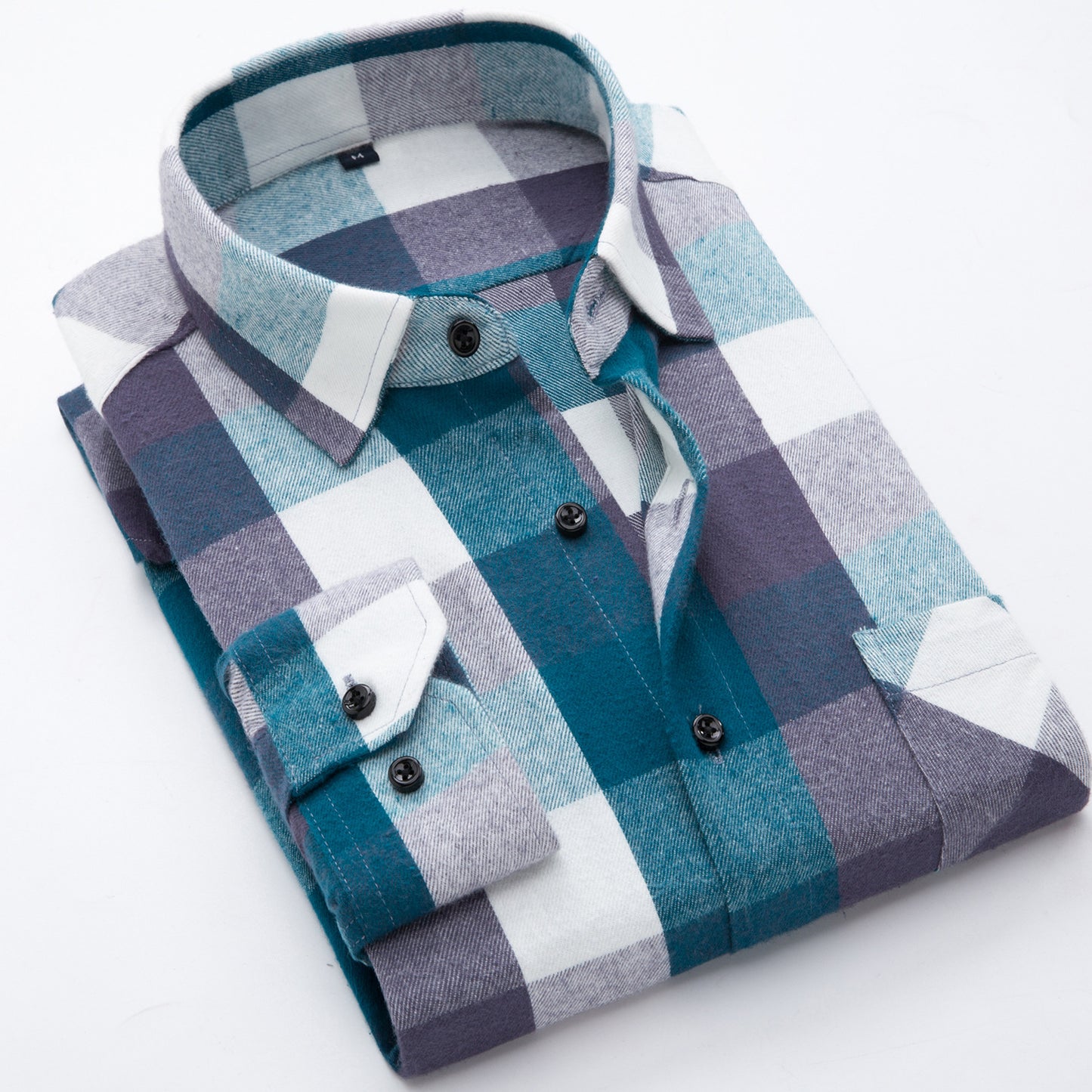 Cotton brushed plaid long-sleeved shirt