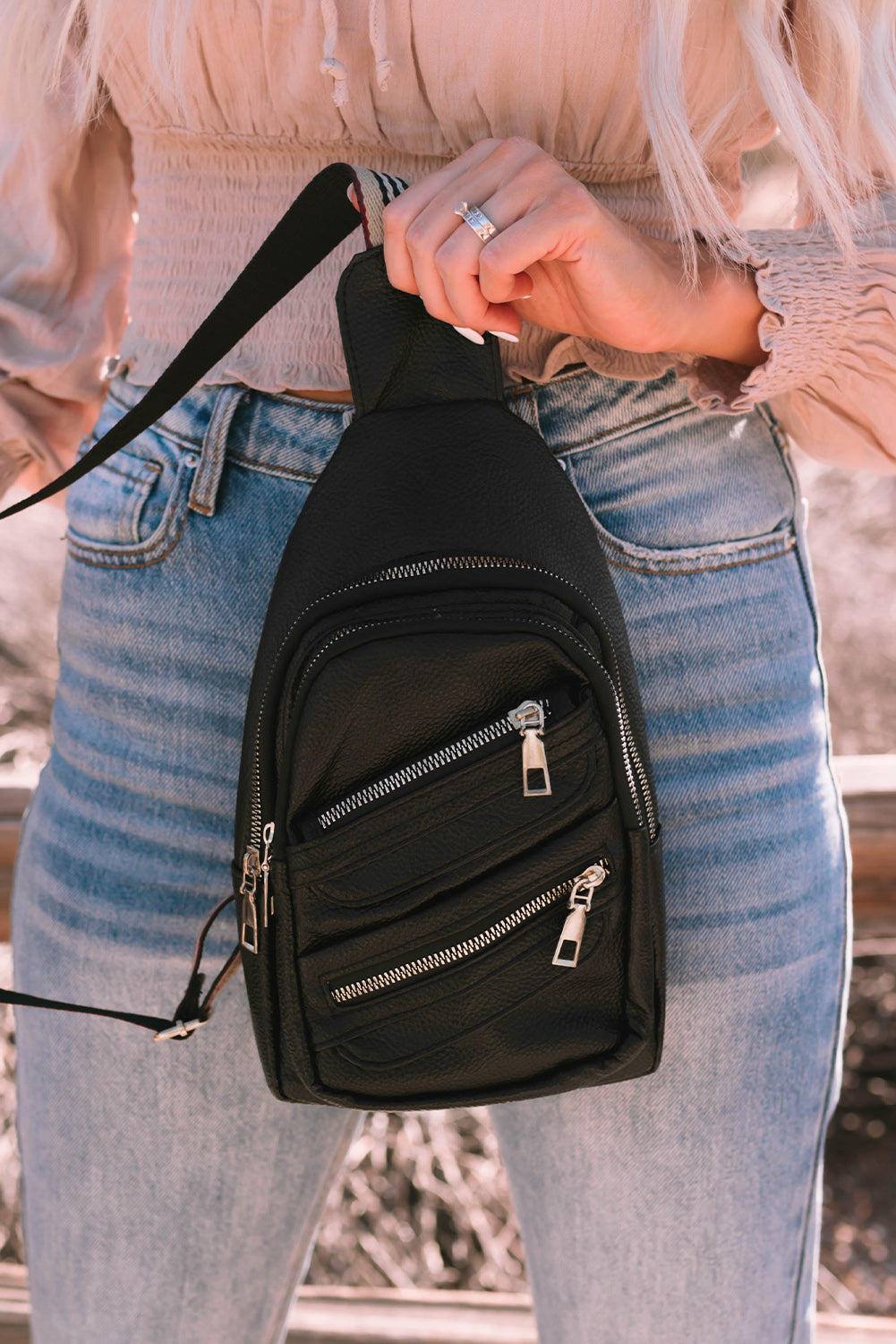 Black Faux Leather Zipped Sling Bag