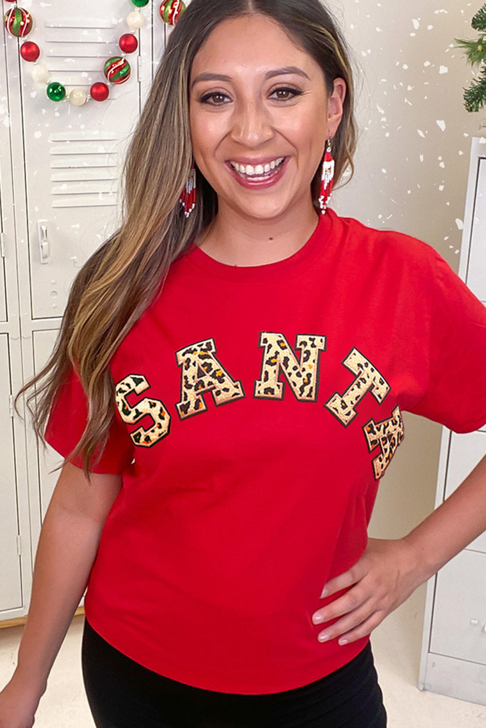 Red Leopard Printed SANTA Round Neck Graphic Tee