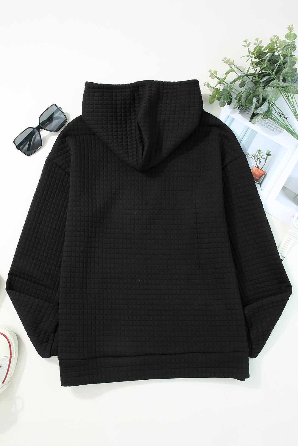 Red Lattice Textured Kangaroo Pocket Drawstring Hoodie