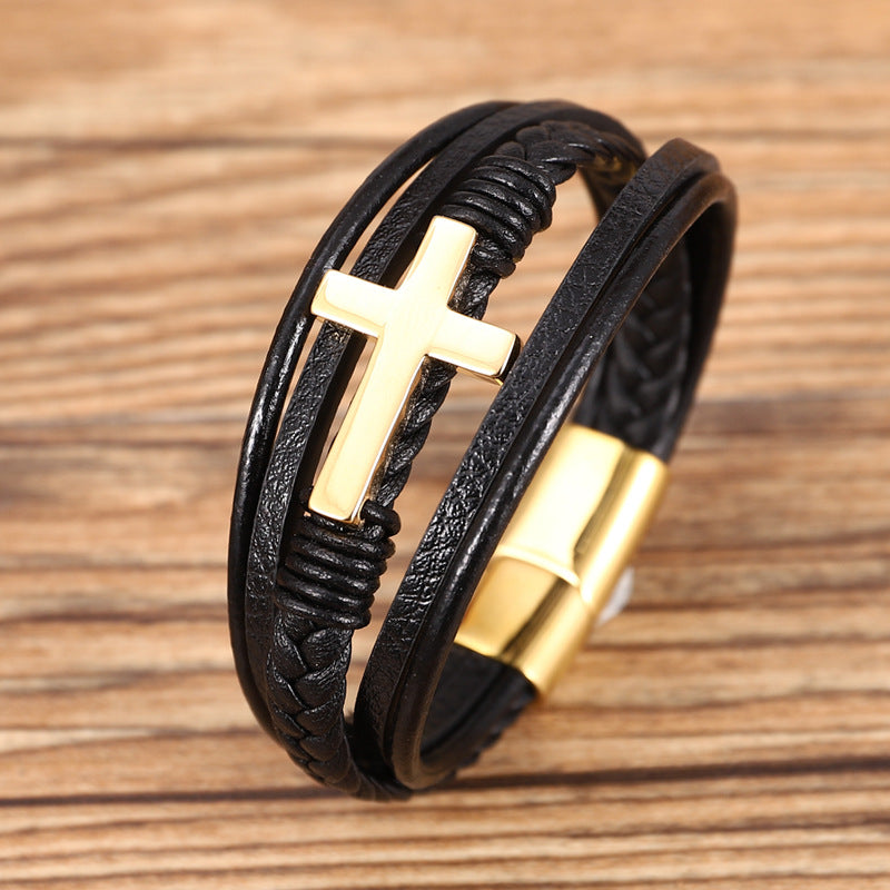 Multi-layer Braided Stainless Steel Cross Men's Bracelet