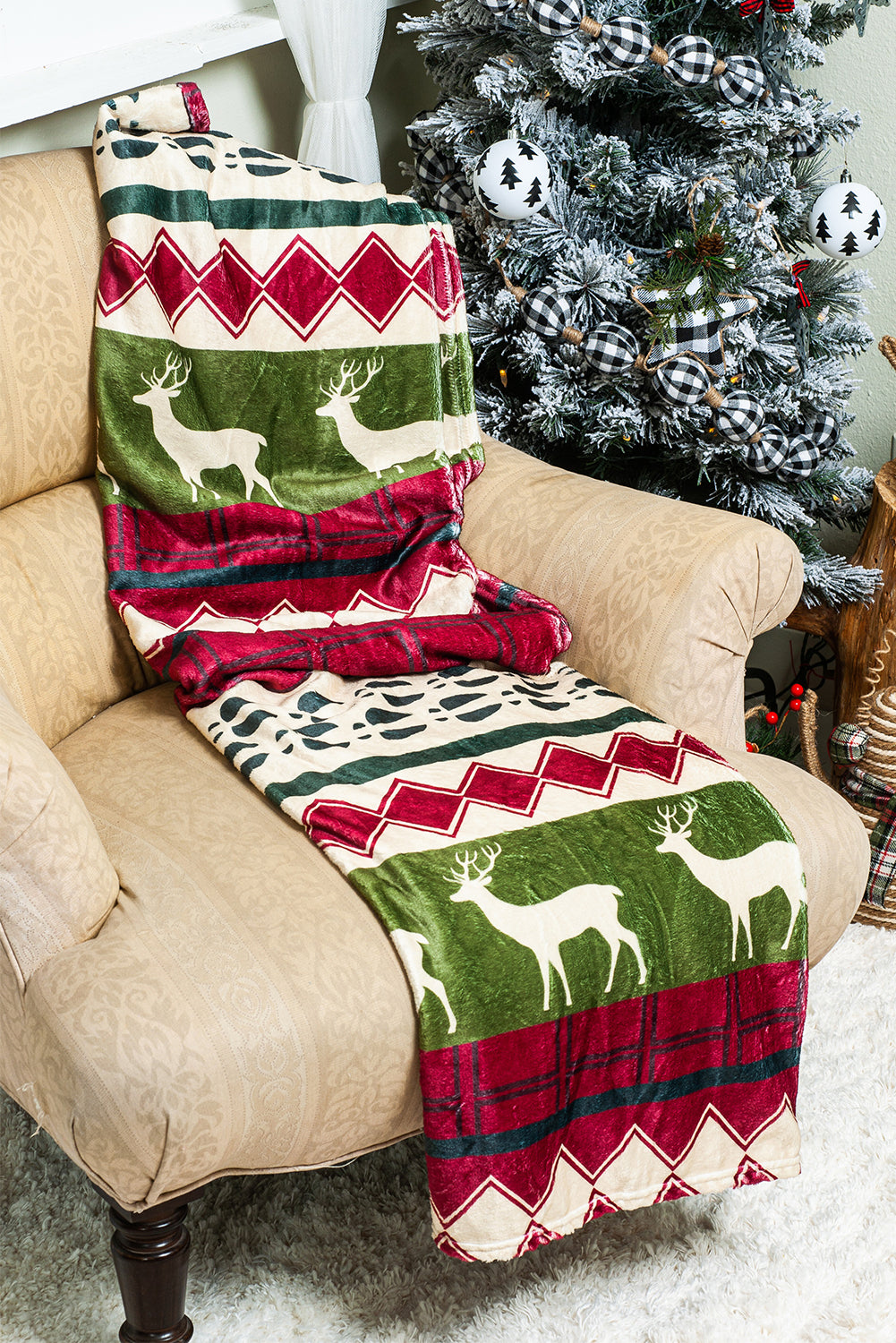 Red Christmas Elk Print Reversible Sherpa Fleece Blanket