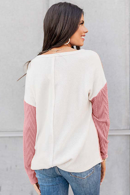 Black Long Sleeve Colorblock Chest Pocket Textured Knit Top